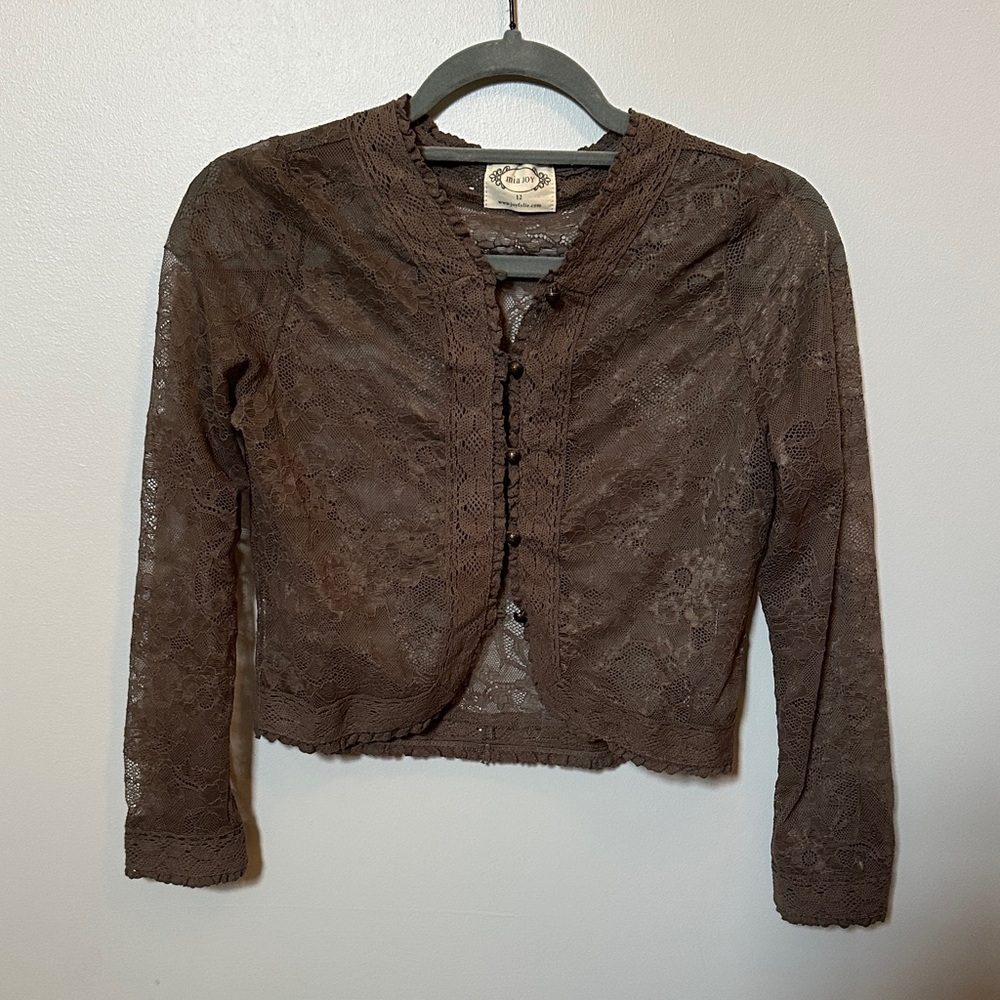 Joyfolie Mia Joy Taupe Lace Cardigan.  Girl size 12.
